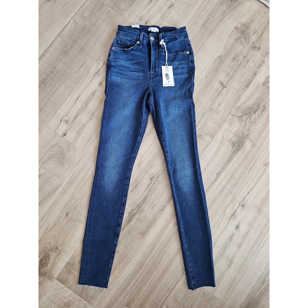 Good American Good Waist Skinny Jeans Blue High Rise Raw Hem GWRH941T Size 0/25